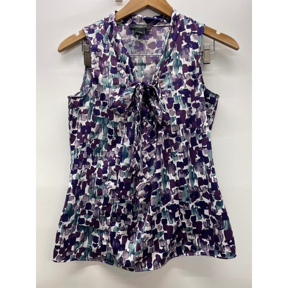 Ann Taylor XS Sleeveless Tie Neck Blouse Purple Teal Abstract Brushstroke Top